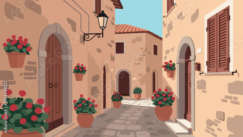 Charming Italian alleyway adorned with potted red geraniums and traditional architecture