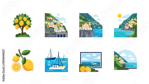 Italian coastal villages and lemon trees, a vibrant flat illustration collection