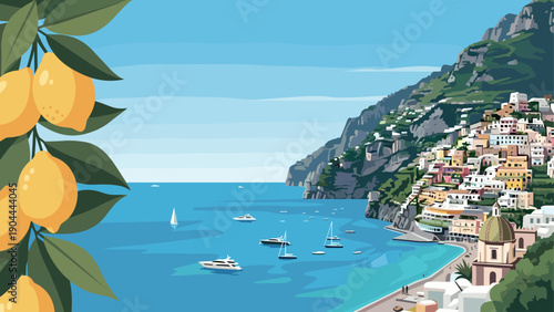 Italian coastal village with lemons and boats on the azure sea