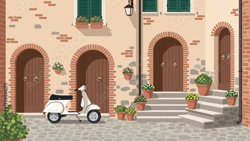 Charming Italian courtyard with a classic white scooter parked by arched wooden doors