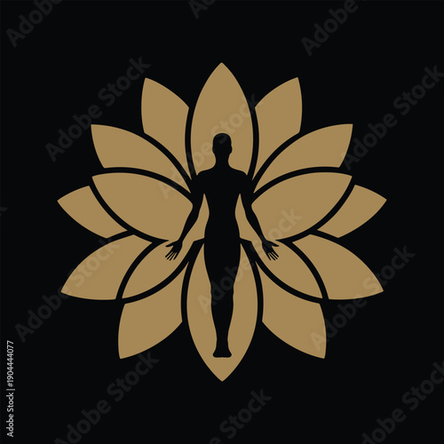 Golden lotus flower with human silhouette in yoga pose