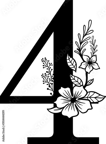 Number four decorated with beautiful botanical elements