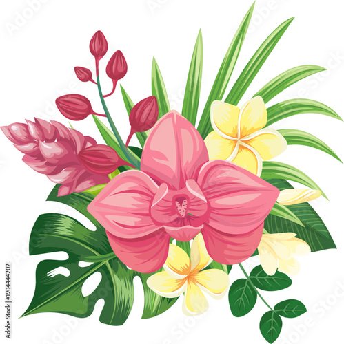 Tropical flowers arrangement with pink orchid and plumeria