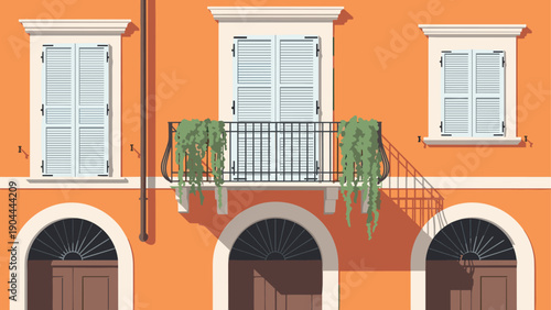 Charming Italian building facade with shutters, balcony, and hanging plants