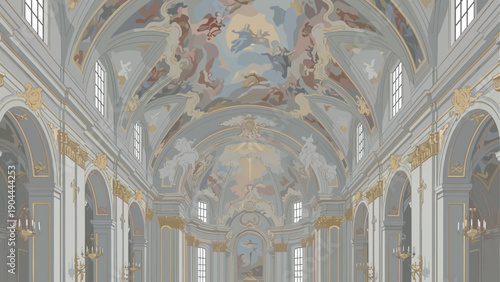 Baroque church interior with ornate ceiling frescoes and architectural details