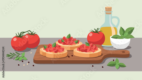 Delicious tomato bruschetta with fresh basil and olive oil, a classic Italian appetizer