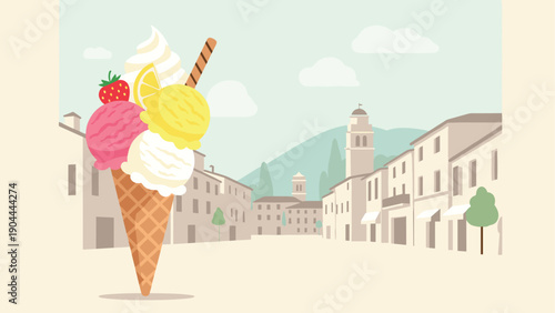 Delicious ice cream cone with strawberry, lemon, and vanilla flavors in a European town square