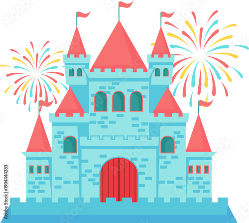 Fantasy castle celebrating with colorful fireworks