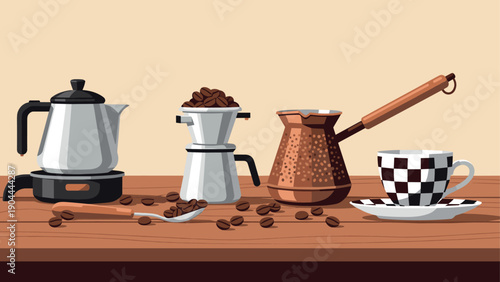 Various coffee brewing devices and beans arranged on a wooden surface