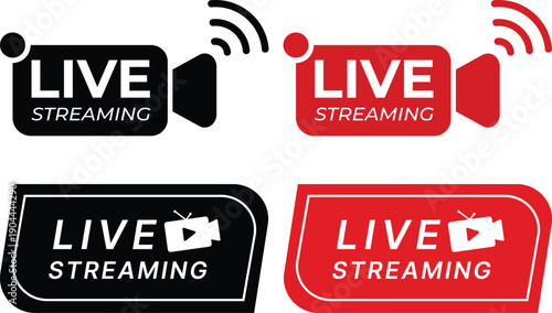 Live streaming icon set collection group with play button video broadcast badges, online stream labels, media recording symbols for social network content isolated on white background vector.