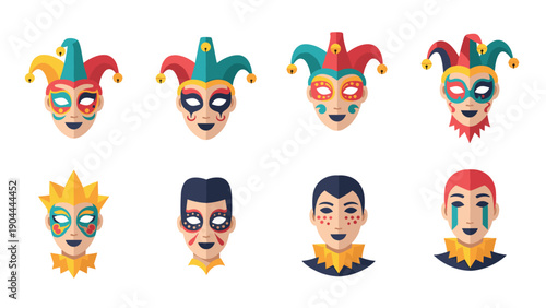 Collection of colorful jester and masquerade masks with festive designs
