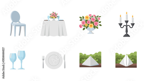 Collection of elegant wedding reception elements including chairs, tables, and decor