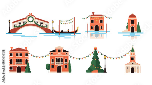 Venetian winter holiday scene with decorated buildings and gondola