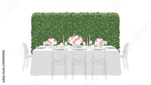 Elegant wedding reception table setting with floral arrangements and ghost chairs against a green hedge backdrop