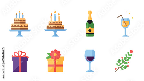 Collection of birthday party and celebration icons including cakes, gifts, and drinks