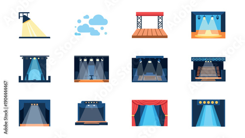 Collection of diverse stage lighting and performance venue illustrations with spotlights and curtains