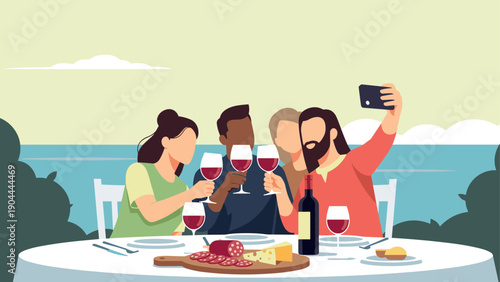 Friends enjoying wine and charcuterie outdoors while taking a selfie