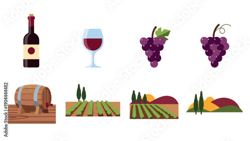 Collection of wine-related icons including bottle, glass, grapes, barrel, and vineyards