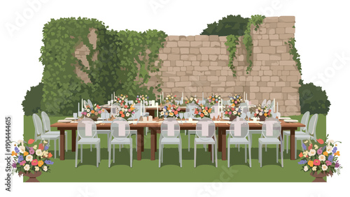 Elegant outdoor wedding reception table setting with floral arrangements and stone wall backdrop