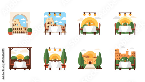 Italian dining scenes featuring iconic landmarks and outdoor seating arrangements