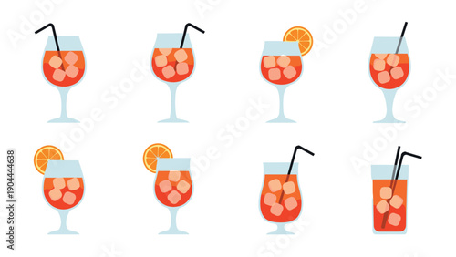 Collection of refreshing orange cocktails with ice and garnishes on white background