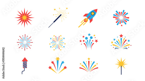 Collection of colorful flat fireworks and sparklers for celebrations and holidays