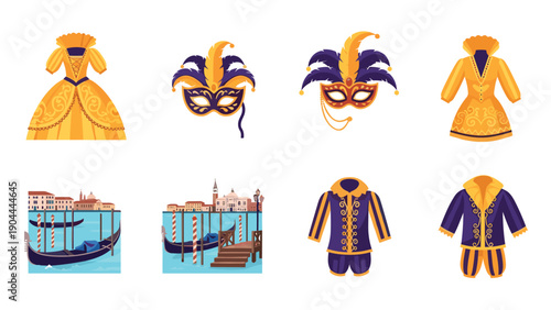 Venetian carnival costumes and gondolas in Italy