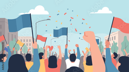 Crowd of people celebrating with flags and confetti in a city street