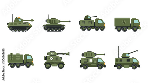 Collection of flat design military vehicles including tanks and armored trucks