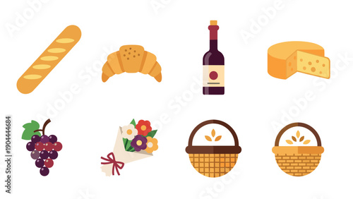 French picnic essentials: baguette, croissant, wine, cheese, grapes, flowers, and baskets