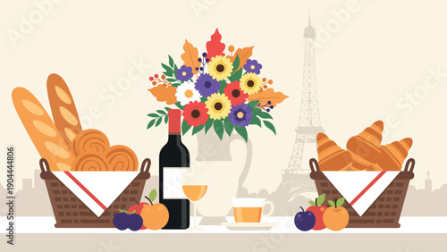 Parisian breakfast spread with fresh pastries, wine, and flowers, Eiffel Tower backdrop