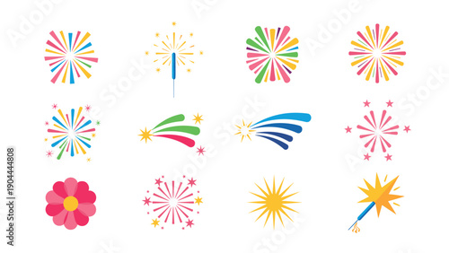 Collection of colorful abstract fireworks and sparklers for celebrations and holidays