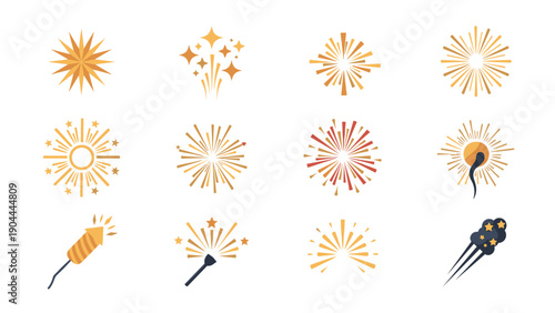 Collection of golden and red fireworks and sparklers for celebrations and holidays