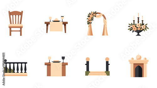 Collection of wedding and event decor elements including chairs, tables, arches, and floral arrangements