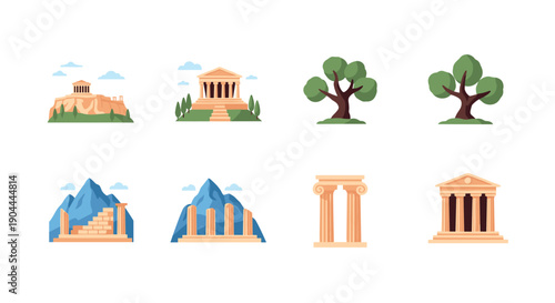 Collection of ancient Greek architectural elements and nature scenes