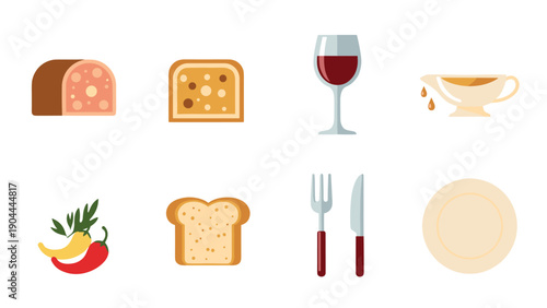 Flat design icons of food and drink items for a meal setting