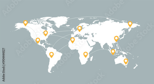 Global network of locations marked on a world map with connecting lines