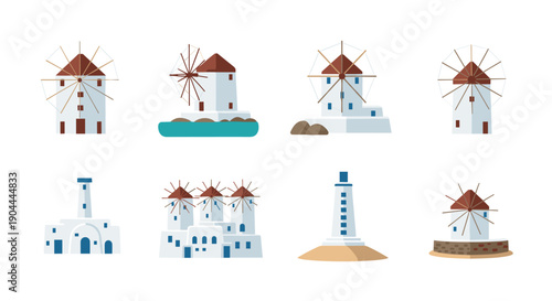 Collection of traditional windmills and lighthouse in flat design style