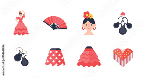Collection of Spanish flamenco dance icons and symbols in flat design style