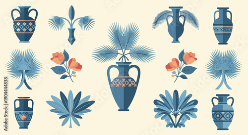 Collection of decorative blue vases and botanical elements in a flat design style