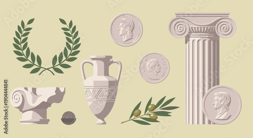 Collection of ancient Greek artifacts including a column, amphora, laurel wreath, and coins