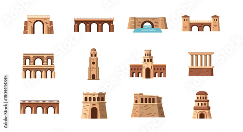 Collection of ancient architectural structures and bridges in a flat design style