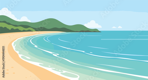 Serene tropical beach with gentle waves and lush green hills in the background