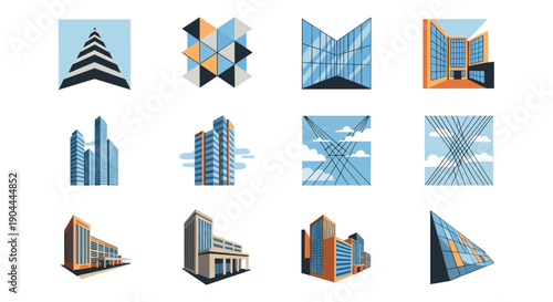 Collection of modern architectural building illustrations and abstract geometric designs