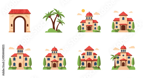Collection of Mediterranean style buildings and tropical palm trees in flat design
