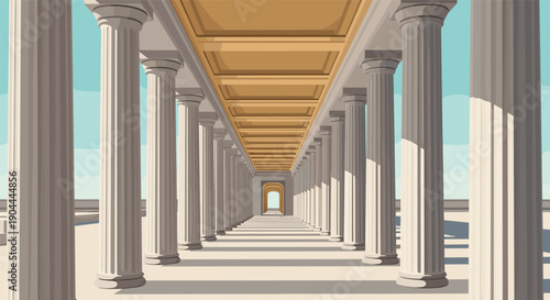 Grand colonnade with golden ceiling and bright sky, leading to distant arches