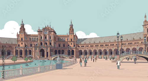 Illustration of Plaza de Espana in Seville with people walking and boats on the canal