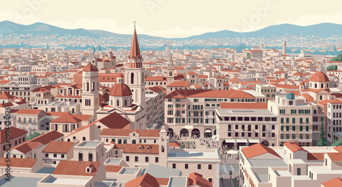 Panoramic view of a European city skyline with terracotta roofs and historic architecture