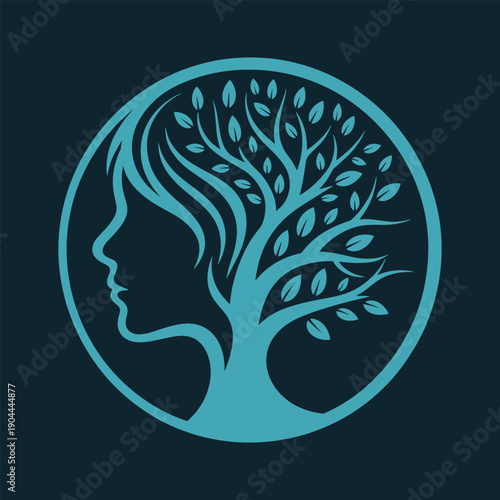 Teal silhouette of womans face with tree branches and leaves in circle