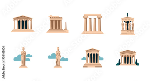Collection of ancient Greek architectural elements and statues in a flat design style